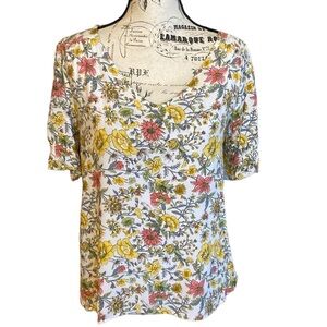 LOFT Floral Top V Neck Elastic Cuff Sleeves Yellow Multi Size S